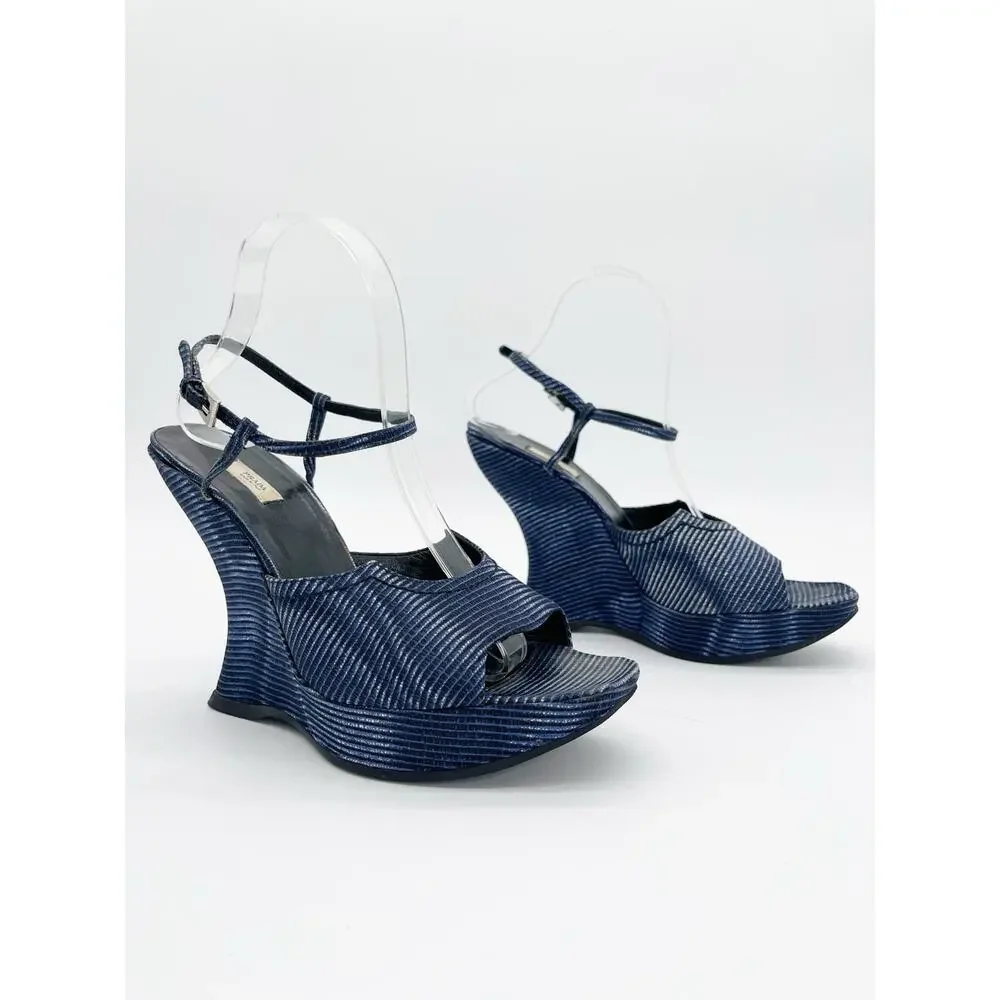 Prada Vintage Fall 2004 Runway Blue Wavy Striped Platform Wedge Sandals IT 40